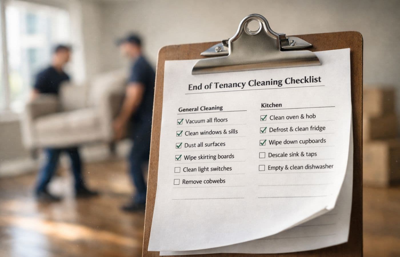 End of tenancy cleaning checklist in London apartment during move-out